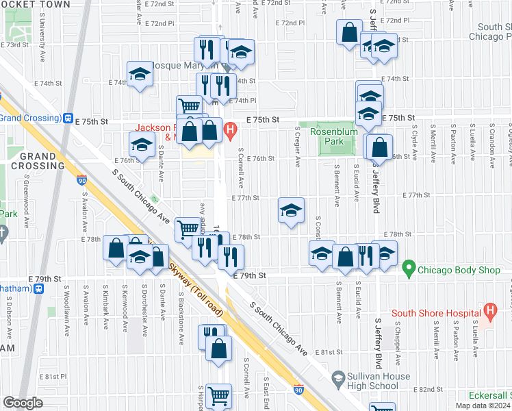 map of restaurants, bars, coffee shops, grocery stores, and more near 7646 South East End Avenue in Chicago