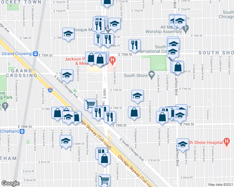 map of restaurants, bars, coffee shops, grocery stores, and more near 7646 South East End Avenue in Chicago