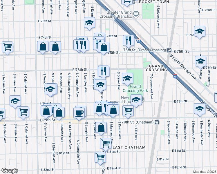 map of restaurants, bars, coffee shops, grocery stores, and more near 7638 South Maryland Avenue in Chicago