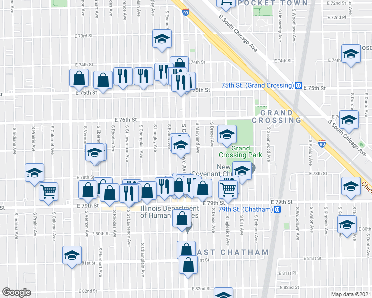 map of restaurants, bars, coffee shops, grocery stores, and more near 7638 South Maryland Avenue in Chicago