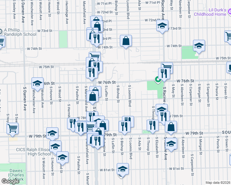 map of restaurants, bars, coffee shops, grocery stores, and more near 7611 South Bishop Street in Chicago