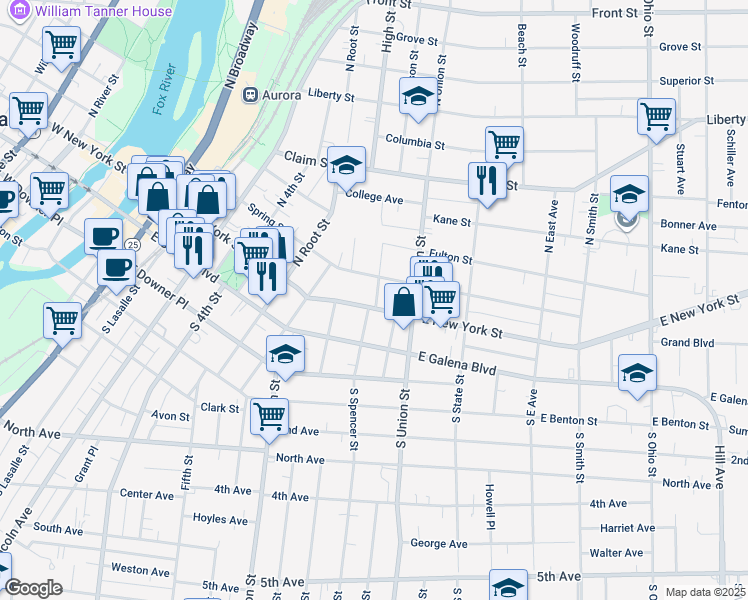 map of restaurants, bars, coffee shops, grocery stores, and more near 557 Spring Street in Aurora