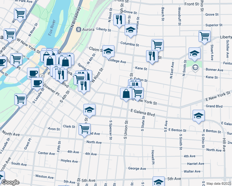 map of restaurants, bars, coffee shops, grocery stores, and more near 557 Spring Street in Aurora