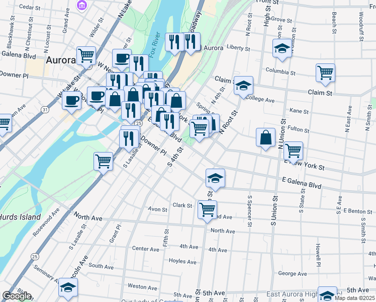map of restaurants, bars, coffee shops, grocery stores, and more near 350 East Galena Boulevard in Aurora