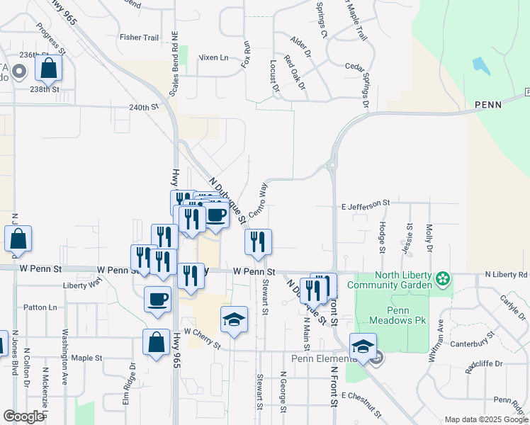 map of restaurants, bars, coffee shops, grocery stores, and more near 950 North Bend Drive in North Liberty