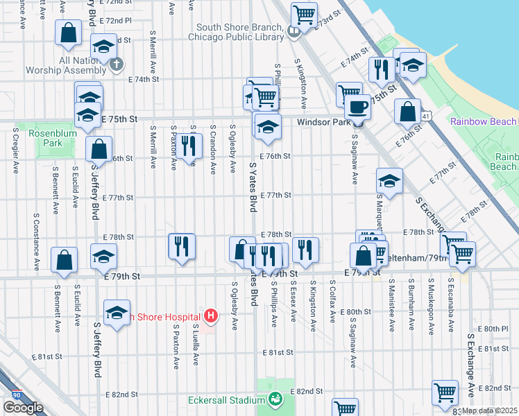 map of restaurants, bars, coffee shops, grocery stores, and more near 2418 East 77th Street in Chicago