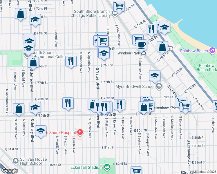 map of restaurants, bars, coffee shops, grocery stores, and more near 7717 South Phillips Avenue in Chicago