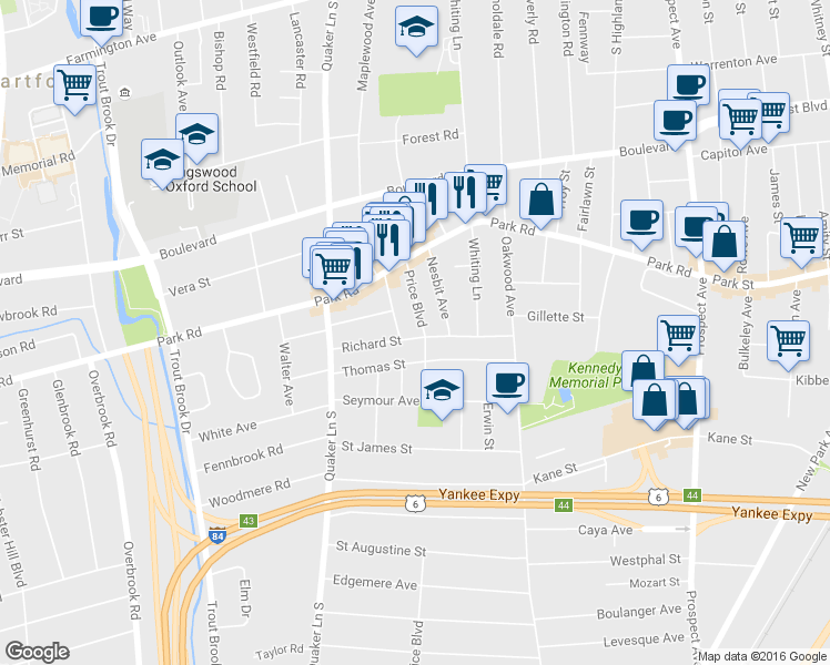 map of restaurants, bars, coffee shops, grocery stores, and more near 82 Richard Street in West Hartford