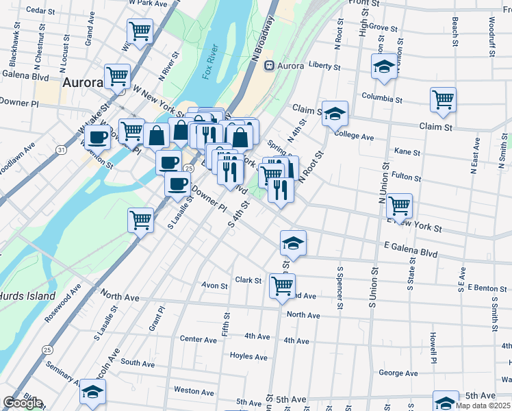 map of restaurants, bars, coffee shops, grocery stores, and more near 415 East Galena Boulevard in Aurora