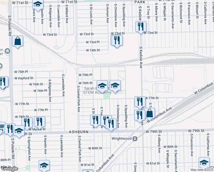 map of restaurants, bars, coffee shops, grocery stores, and more near 3406 West 76th Place in Chicago