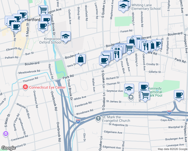 map of restaurants, bars, coffee shops, grocery stores, and more near 34 Hugh Street in West Hartford