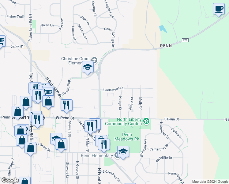 map of restaurants, bars, coffee shops, grocery stores, and more near 145 Jefferson Street in North Liberty