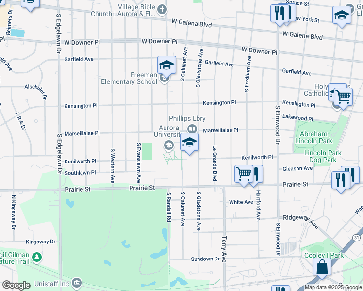 map of restaurants, bars, coffee shops, grocery stores, and more near 347 South Gladstone Avenue in Aurora