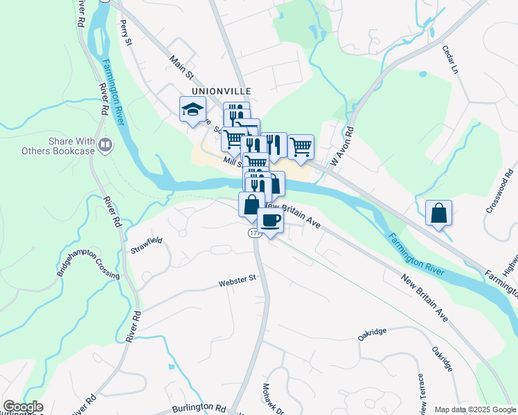 map of restaurants, bars, coffee shops, grocery stores, and more near 6 New Britain Avenue in Farmington