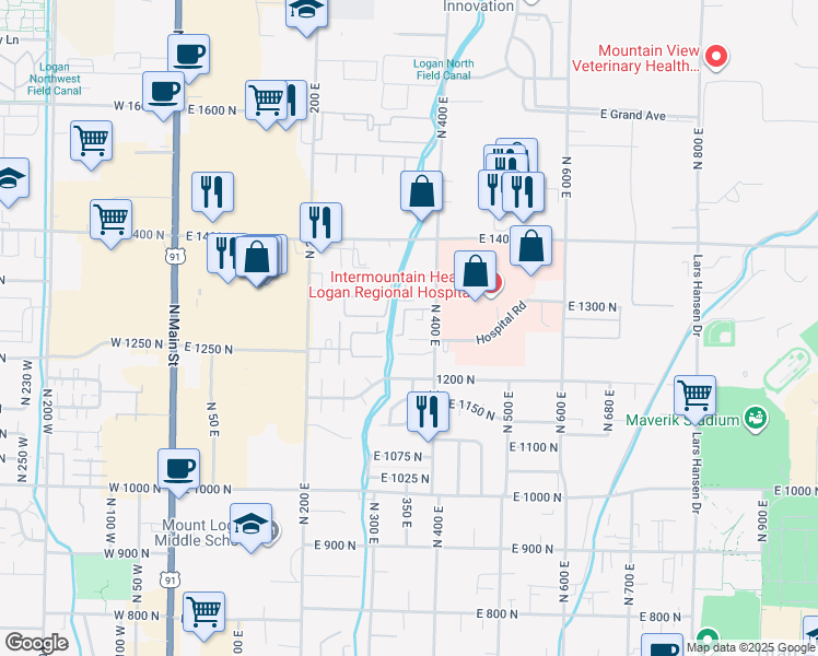 map of restaurants, bars, coffee shops, grocery stores, and more near 1303 North 400 East in Logan