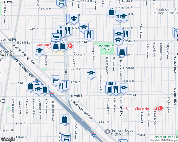 map of restaurants, bars, coffee shops, grocery stores, and more near 7651 South Ridgeland Avenue in Chicago