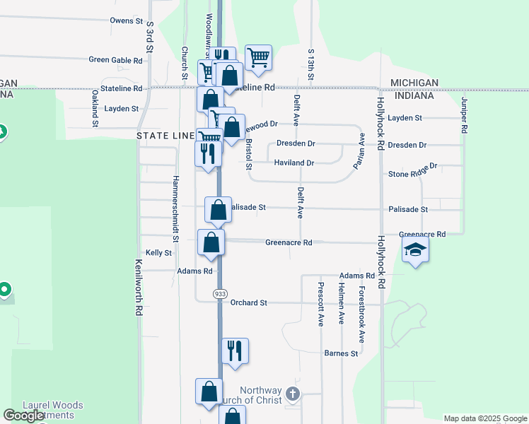 map of restaurants, bars, coffee shops, grocery stores, and more near 19648 Palisade Avenue in South Bend