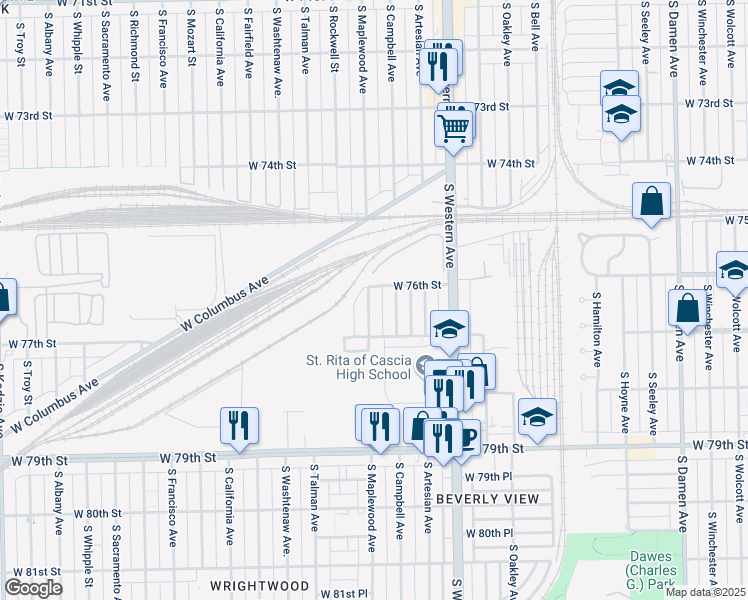 map of restaurants, bars, coffee shops, grocery stores, and more near 7615 South Maplewood Avenue in Chicago