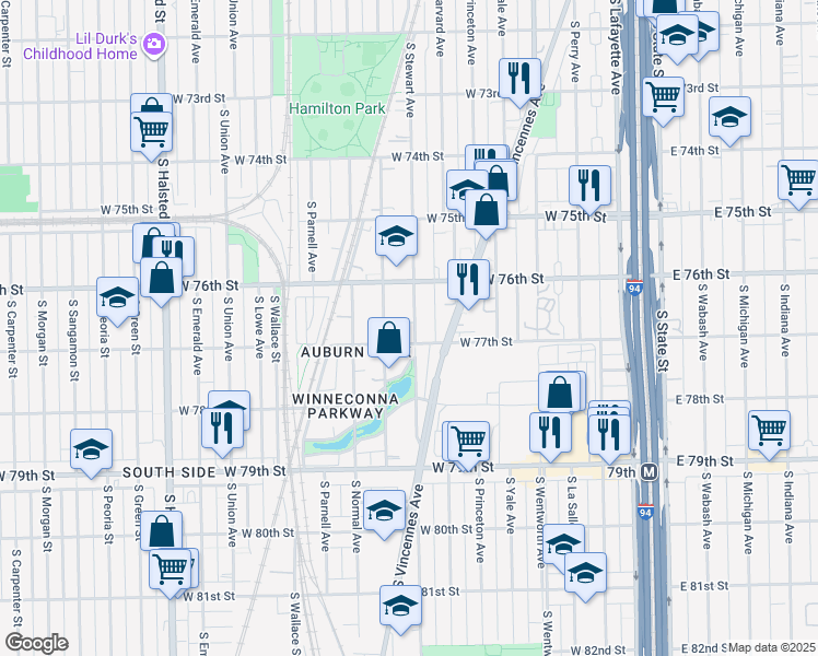 map of restaurants, bars, coffee shops, grocery stores, and more near 7620 South Stewart Avenue in Chicago