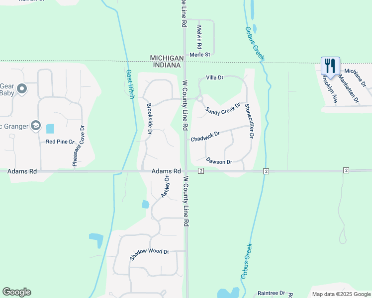 map of restaurants, bars, coffee shops, grocery stores, and more near 50899 West County Line Road in Granger