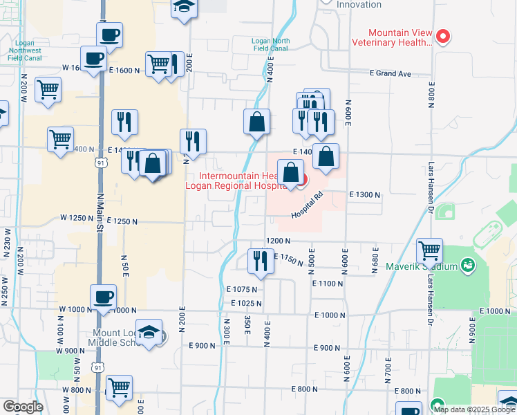 map of restaurants, bars, coffee shops, grocery stores, and more near 1303 North 400 East in Logan