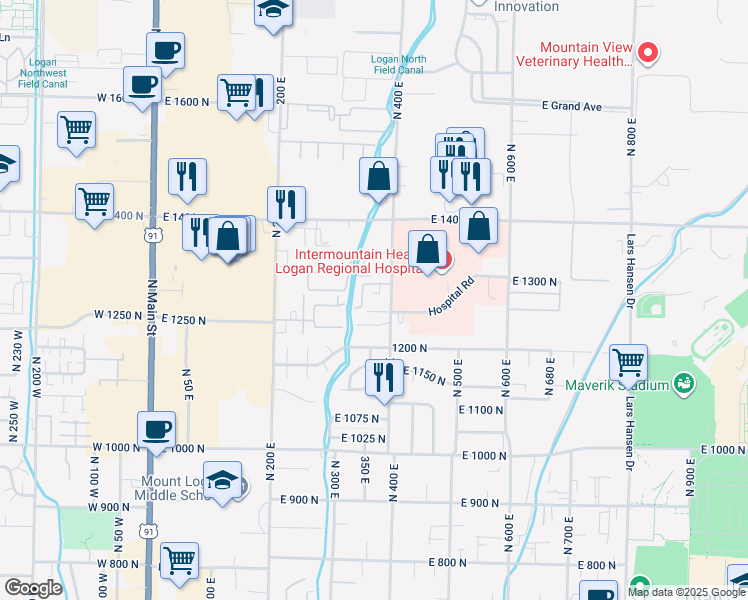 map of restaurants, bars, coffee shops, grocery stores, and more near 1303 North 400 East in Logan