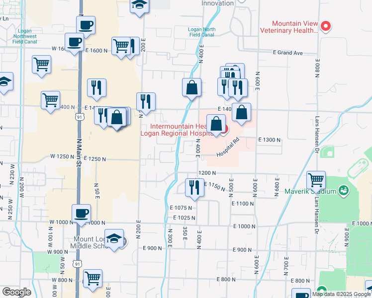 map of restaurants, bars, coffee shops, grocery stores, and more near 1303 North 400 East in Logan