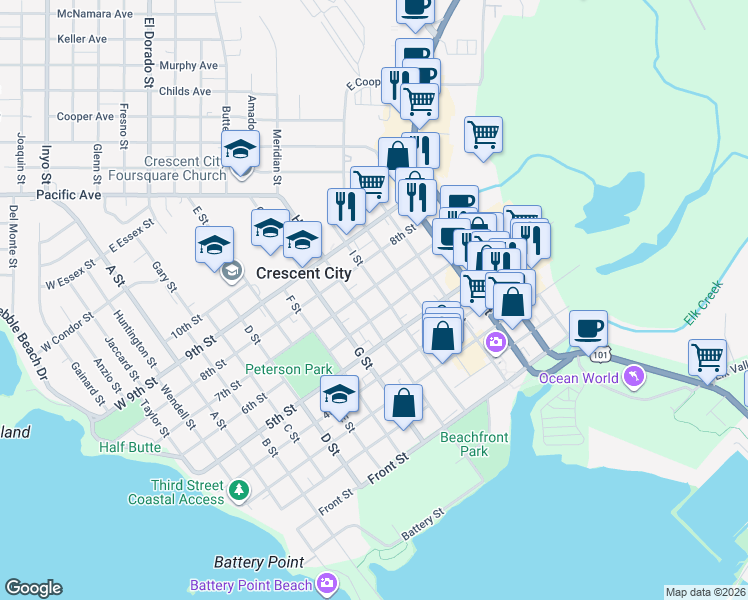 map of restaurants, bars, coffee shops, grocery stores, and more near 872 7th Street in Crescent City