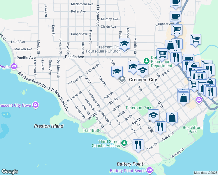 map of restaurants, bars, coffee shops, grocery stores, and more near 1045 East Condor Street in Crescent City