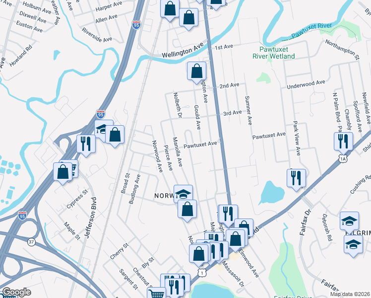 map of restaurants, bars, coffee shops, grocery stores, and more near 75 Village Circle in Warwick
