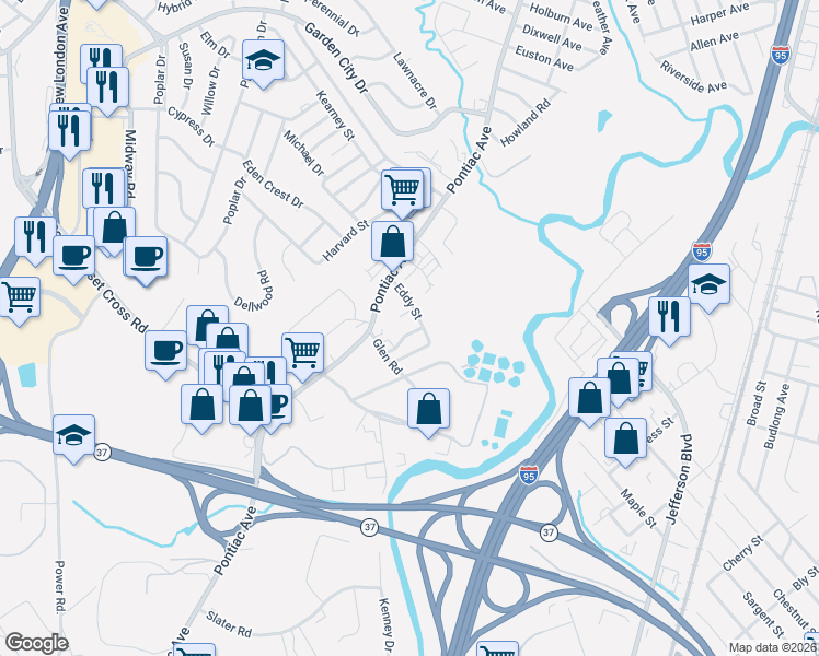 map of restaurants, bars, coffee shops, grocery stores, and more near 1056 Pontiac Avenue in Cranston