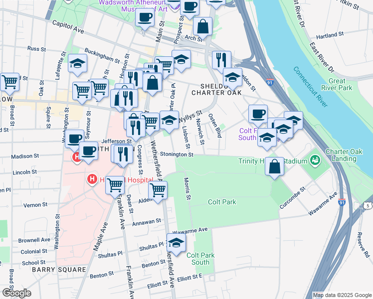 map of restaurants, bars, coffee shops, grocery stores, and more near 40 Lisbon Street in Hartford