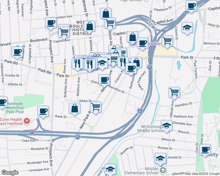 map of restaurants, bars, coffee shops, grocery stores, and more near 50 New Park Avenue in Hartford