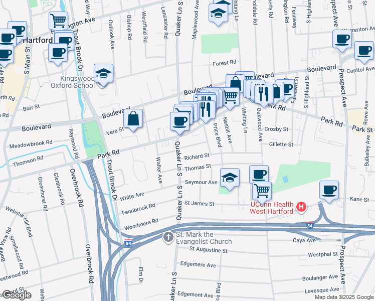 map of restaurants, bars, coffee shops, grocery stores, and more near 333 Park Road in West Hartford