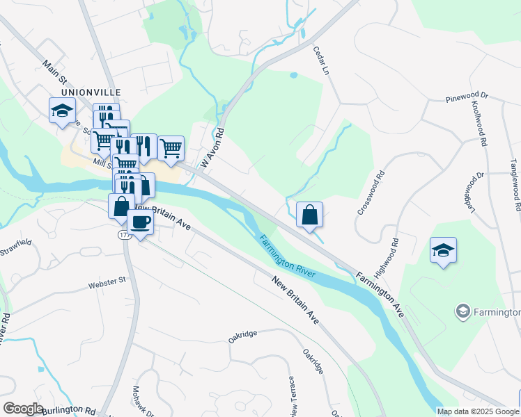 map of restaurants, bars, coffee shops, grocery stores, and more near 1736 Farmington Avenue in Farmington