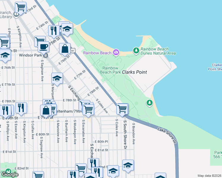 map of restaurants, bars, coffee shops, grocery stores, and more near 3017 East 78th Street in Chicago