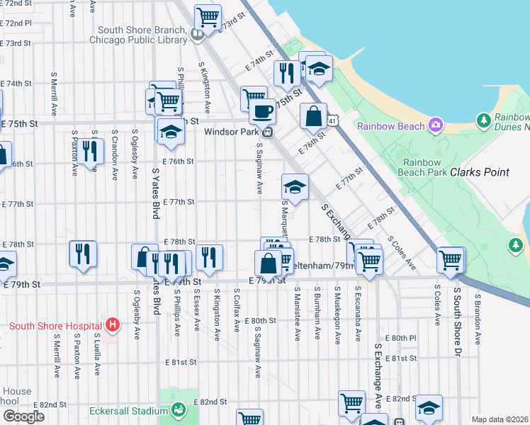 map of restaurants, bars, coffee shops, grocery stores, and more near 2650 East 77th Street in Chicago