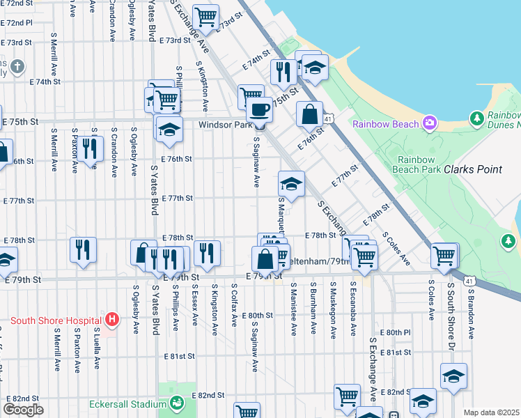 map of restaurants, bars, coffee shops, grocery stores, and more near 2650 East 77th Street in Chicago