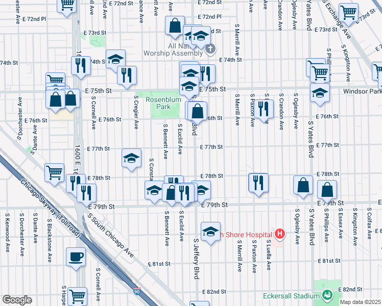 map of restaurants, bars, coffee shops, grocery stores, and more near 7652 South Jeffery Boulevard in Chicago