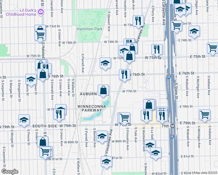 map of restaurants, bars, coffee shops, grocery stores, and more near 7620 South Stewart Avenue in Chicago