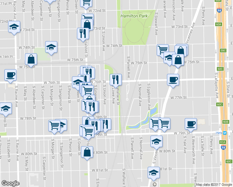 map of restaurants, bars, coffee shops, grocery stores, and more near 7618 South Lowe Avenue in Chicago