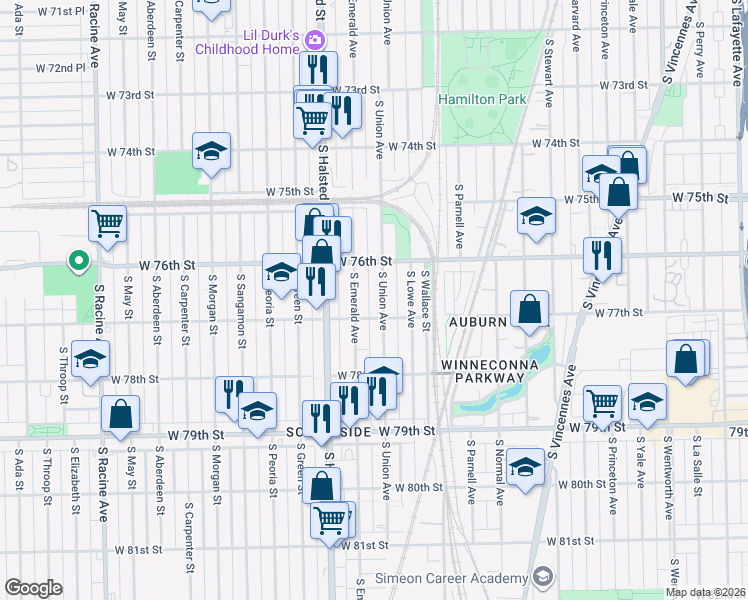 map of restaurants, bars, coffee shops, grocery stores, and more near 7620 South Union Avenue in Chicago