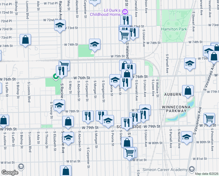 map of restaurants, bars, coffee shops, grocery stores, and more near 7617 South Peoria Street in Chicago