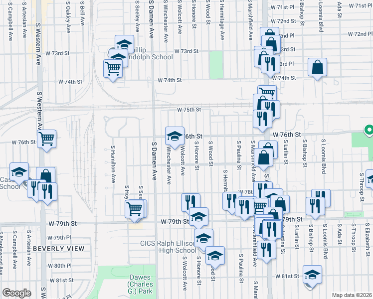 map of restaurants, bars, coffee shops, grocery stores, and more near 7605 South Wolcott Avenue in Chicago