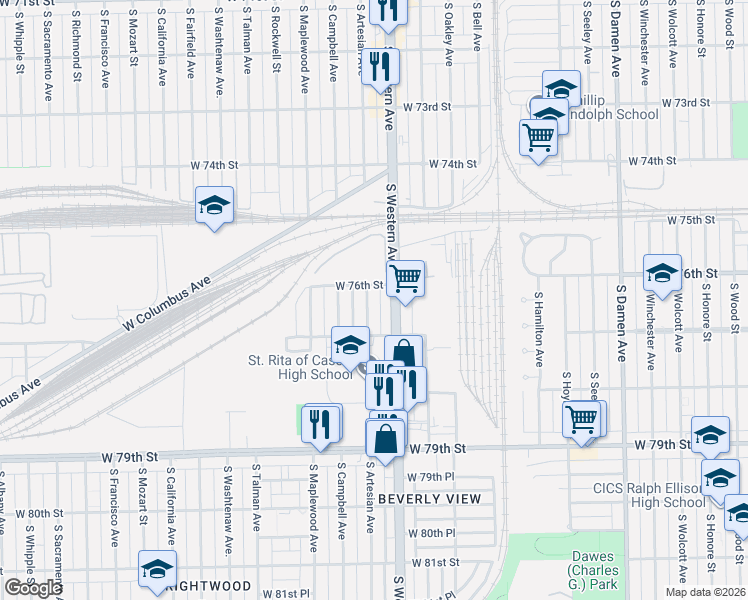 map of restaurants, bars, coffee shops, grocery stores, and more near 7601 South Artesian Avenue in Chicago