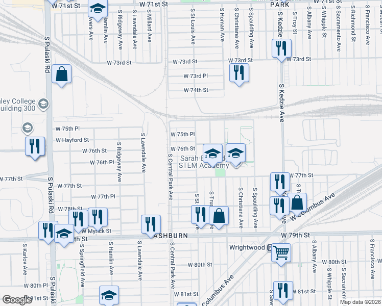 map of restaurants, bars, coffee shops, grocery stores, and more near 3528 West 76th Street in Chicago