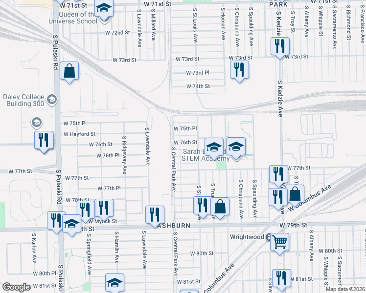map of restaurants, bars, coffee shops, grocery stores, and more near 3528 West 76th Street in Chicago