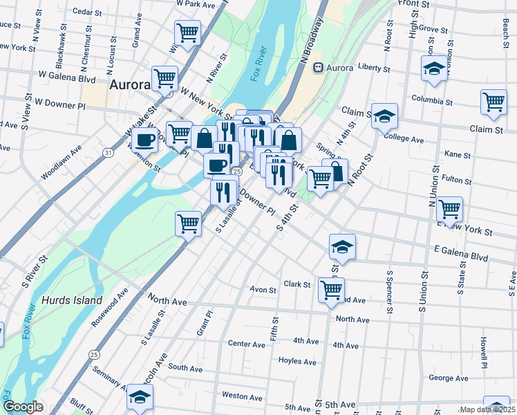 map of restaurants, bars, coffee shops, grocery stores, and more near 220 East Downer Place in Aurora