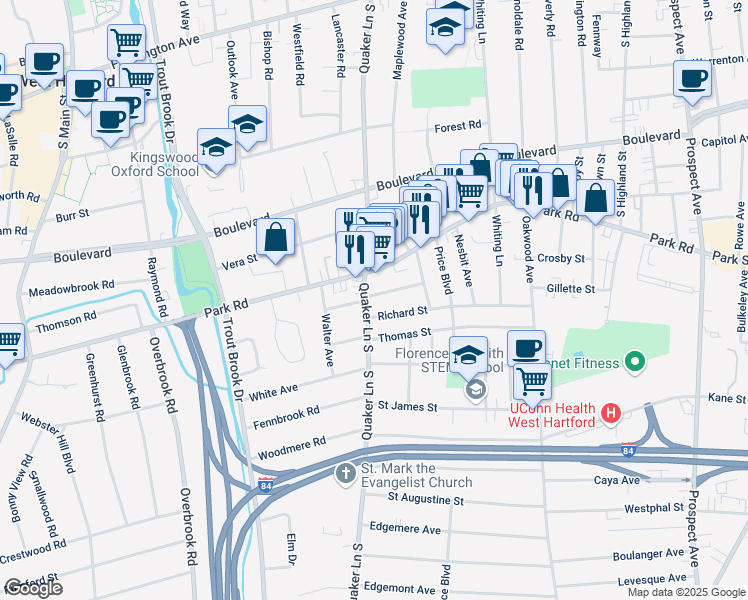 map of restaurants, bars, coffee shops, grocery stores, and more near 284 Quaker Lane South in West Hartford