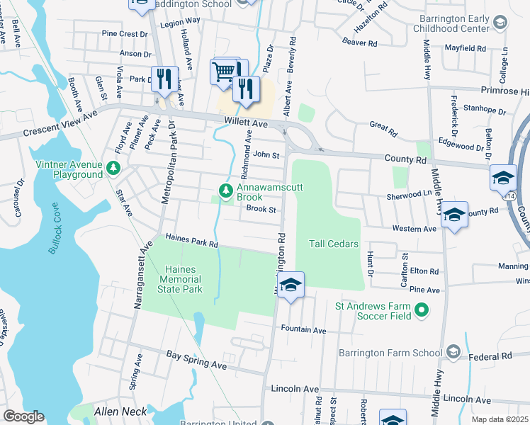 map of restaurants, bars, coffee shops, grocery stores, and more near 129 Rogers Avenue in Barrington